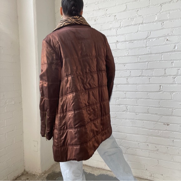 Vintage 90's St. John Bronze Pewter and Animal Print Reversible Puffer Jacket - Picture 2 of 7